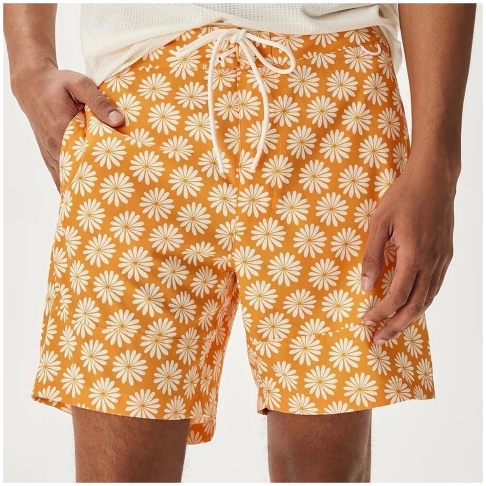 Outdoor Voices Orange Daisy Print Men's Swim Board Shorts